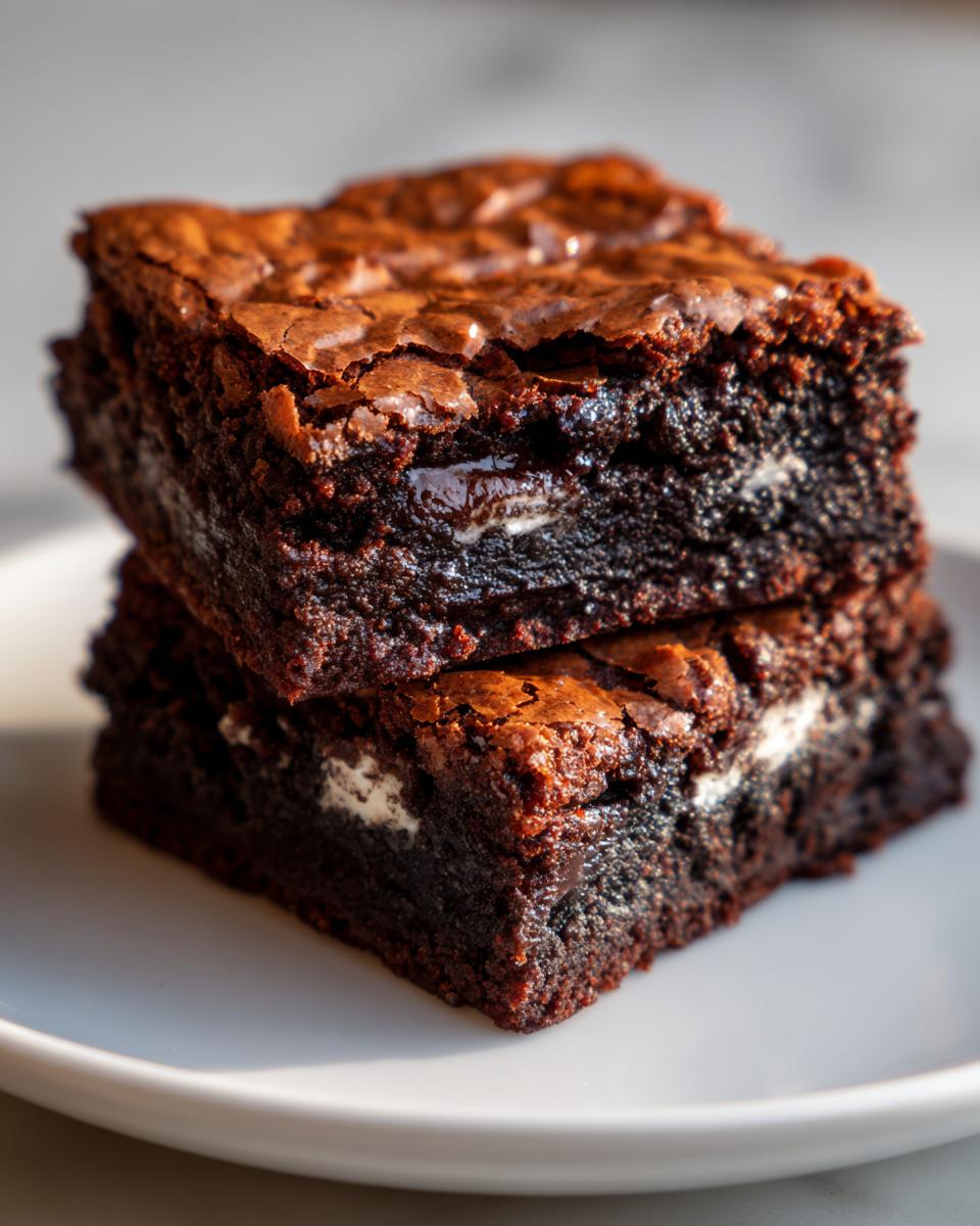 Two stacked, fudgy Oreo brownies showing a shiny, crackly top and visible white cream filling inside.