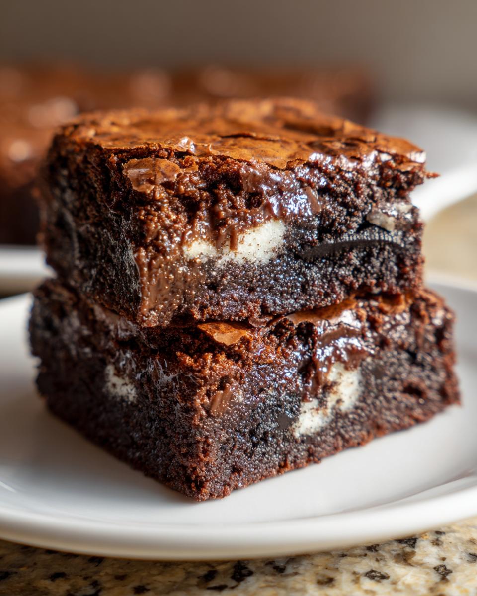 Two stacked, fudgy Oreo brownies showing a shiny top crust and creamy white filling.