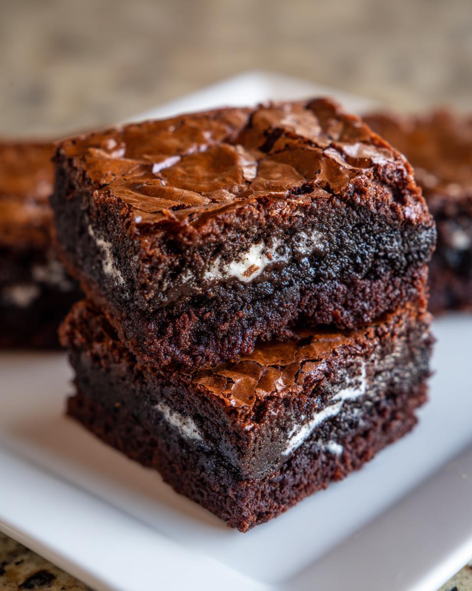 Two fudgy Oreo brownies stacked on a white plate, showing a creamy white filling layer.