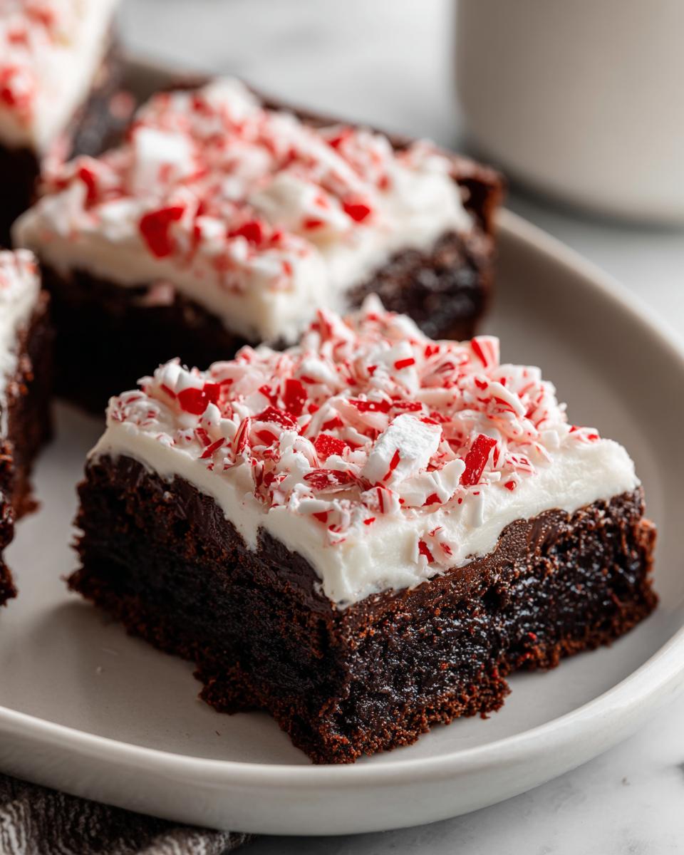 Close-up of a fudgy peppermint brownie square topped with thick white frosting and crushed candy canes.