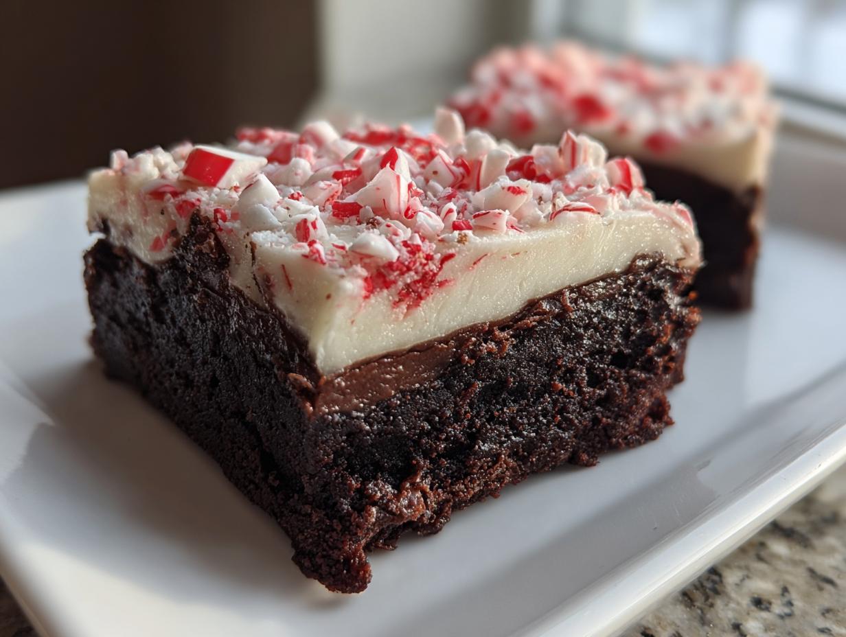 Close-up of a fudgy peppermint brownie topped with thick white frosting and crushed candy canes.