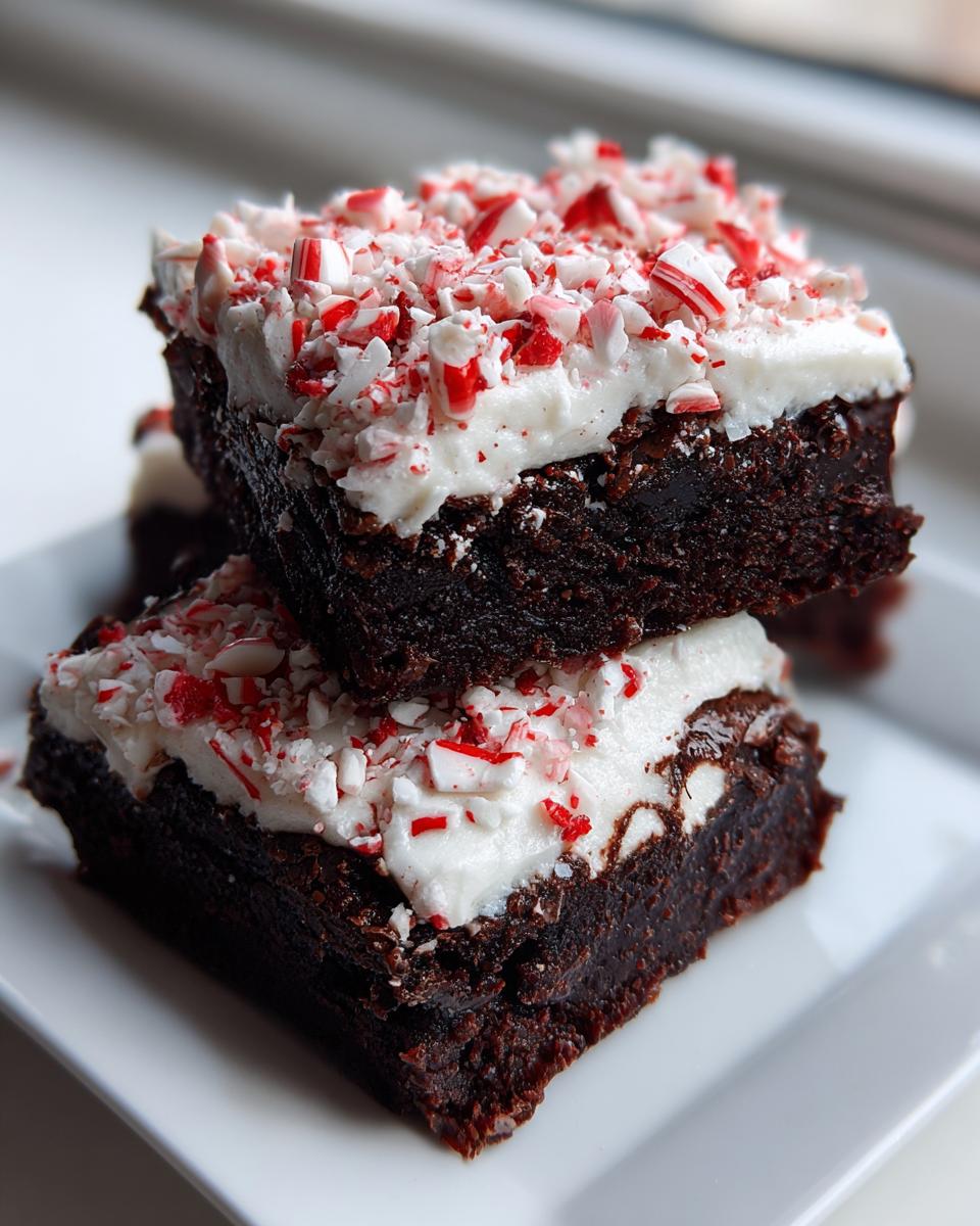 Two fudgy peppermint brownies stacked, topped with white frosting and crushed candy canes.