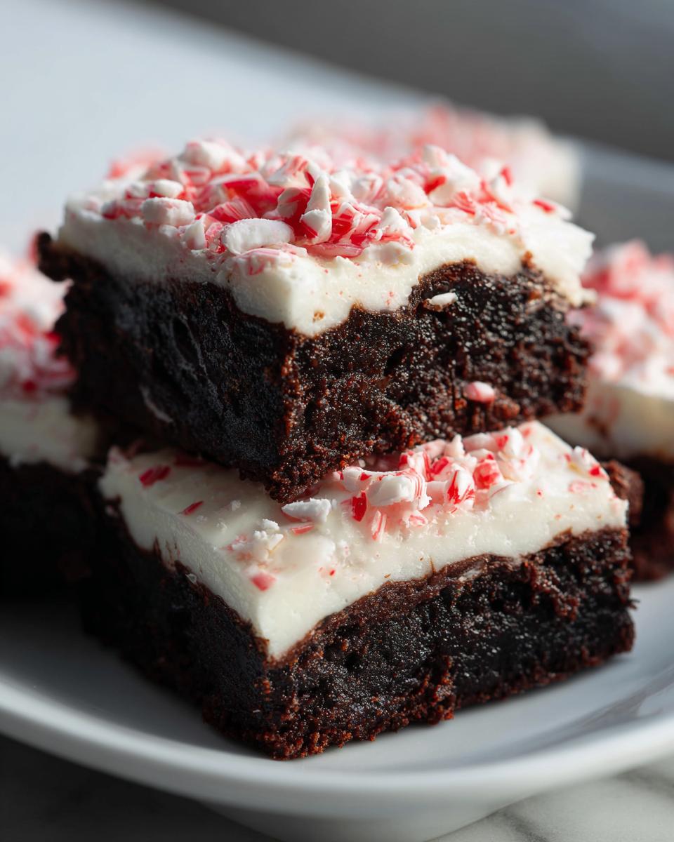 Close-up of fudgy peppermint brownies stacked, topped with white frosting and crushed candy canes.