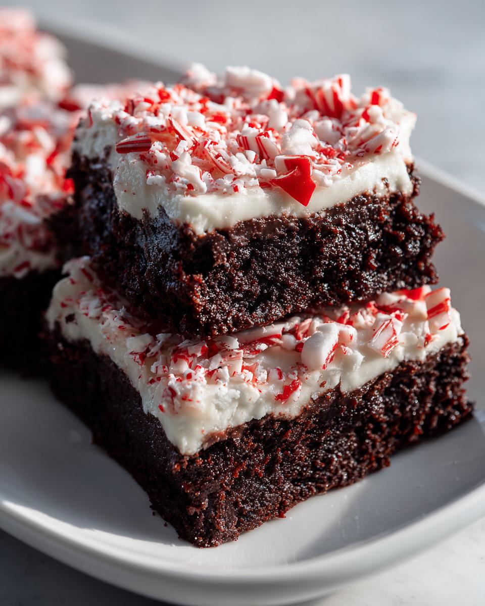Two stacked, fudgy peppermint brownies topped with thick white frosting and crushed candy canes.