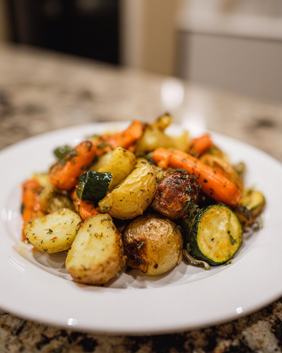 A close-up of Garlic Herb Roasted Veggies including potatoes, carrots, and zucchini on a white plate.