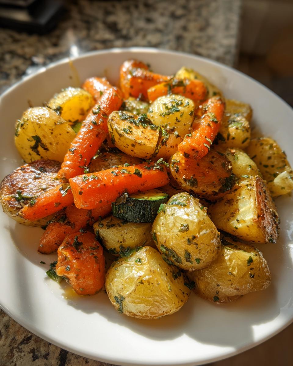 A white bowl filled with glistening Garlic Herb Roasted Veggies, including potatoes, carrots, and zucchini, seasoned with herbs.