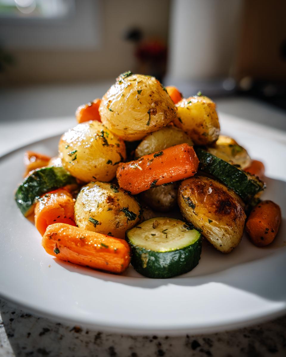 A close-up of perfectly cooked Garlic Herb Roasted Veggies including small potatoes, carrots, and zucchini slices.
