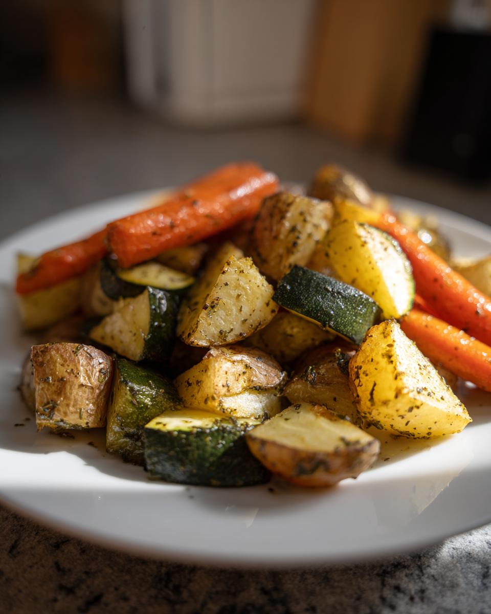 A close-up of perfectly cooked Garlic Herb Roasted Veggies including potatoes, carrots, and zucchini on a white plate.