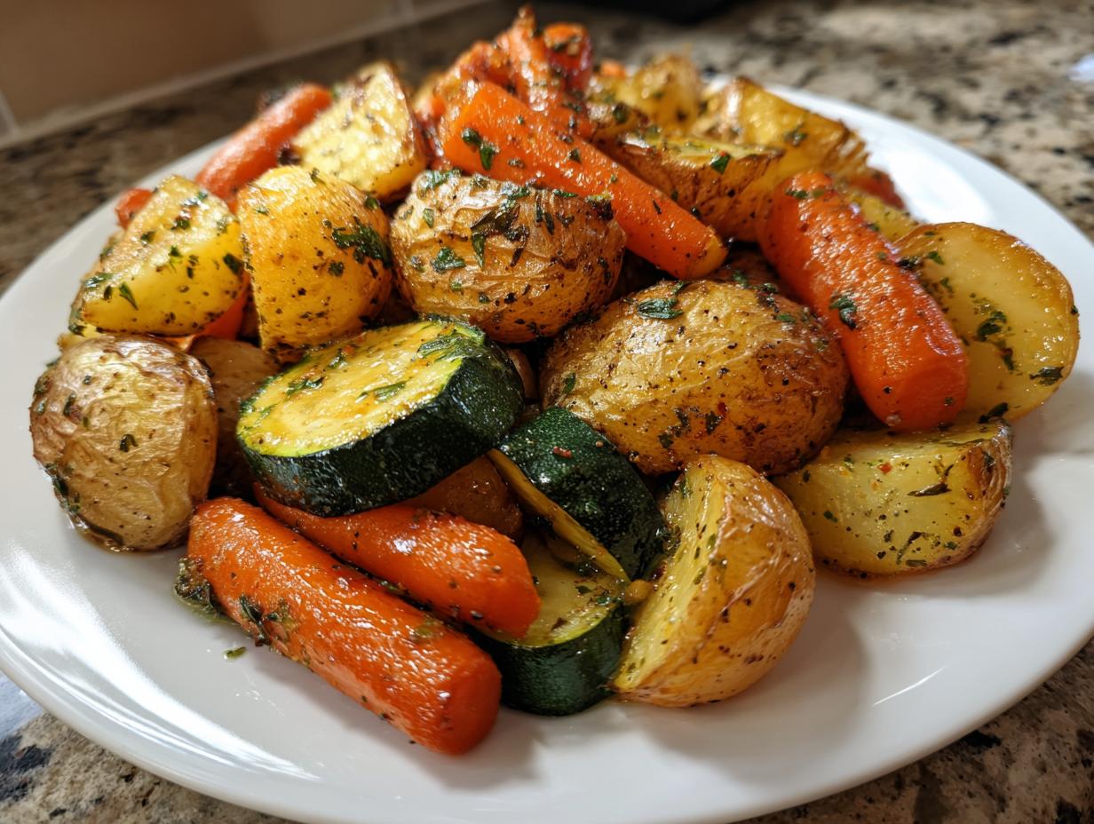 A close-up of perfectly roasted potatoes, carrots, and zucchini seasoned with herbs, showcasing the best Garlic Herb Roasted Veggies.