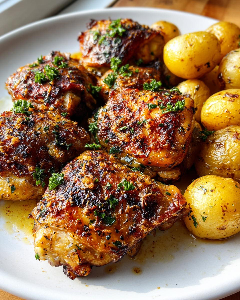 Close-up of crispy, browned garlic parmesan chicken thighs served with small roasted yellow potatoes, garnished with parsley.