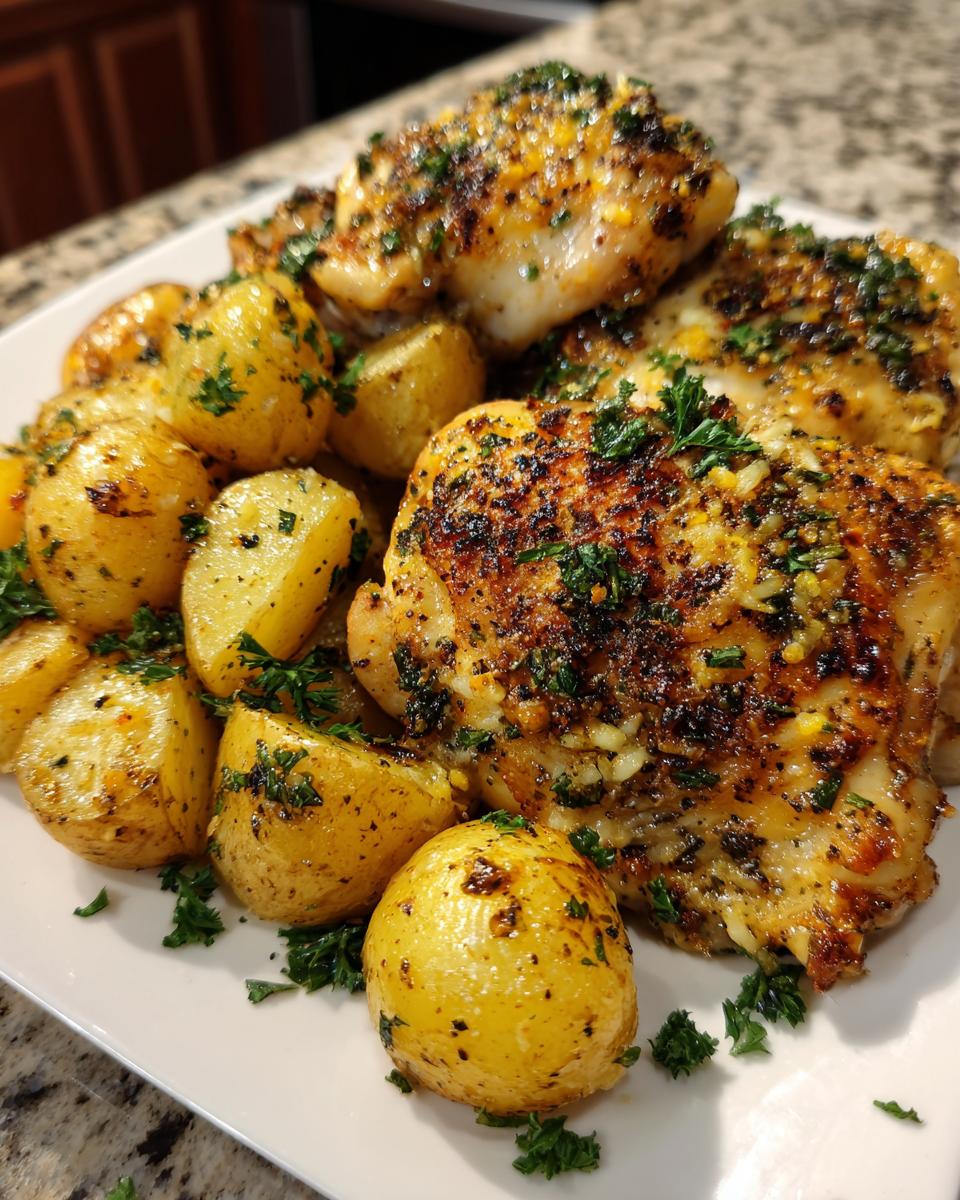 A plate of golden brown garlic parmesan chicken and potatoes seasoned with herbs.