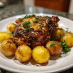 A serving of juicy garlic parmesan chicken and potatoes, topped with melted cheese and fresh parsley.