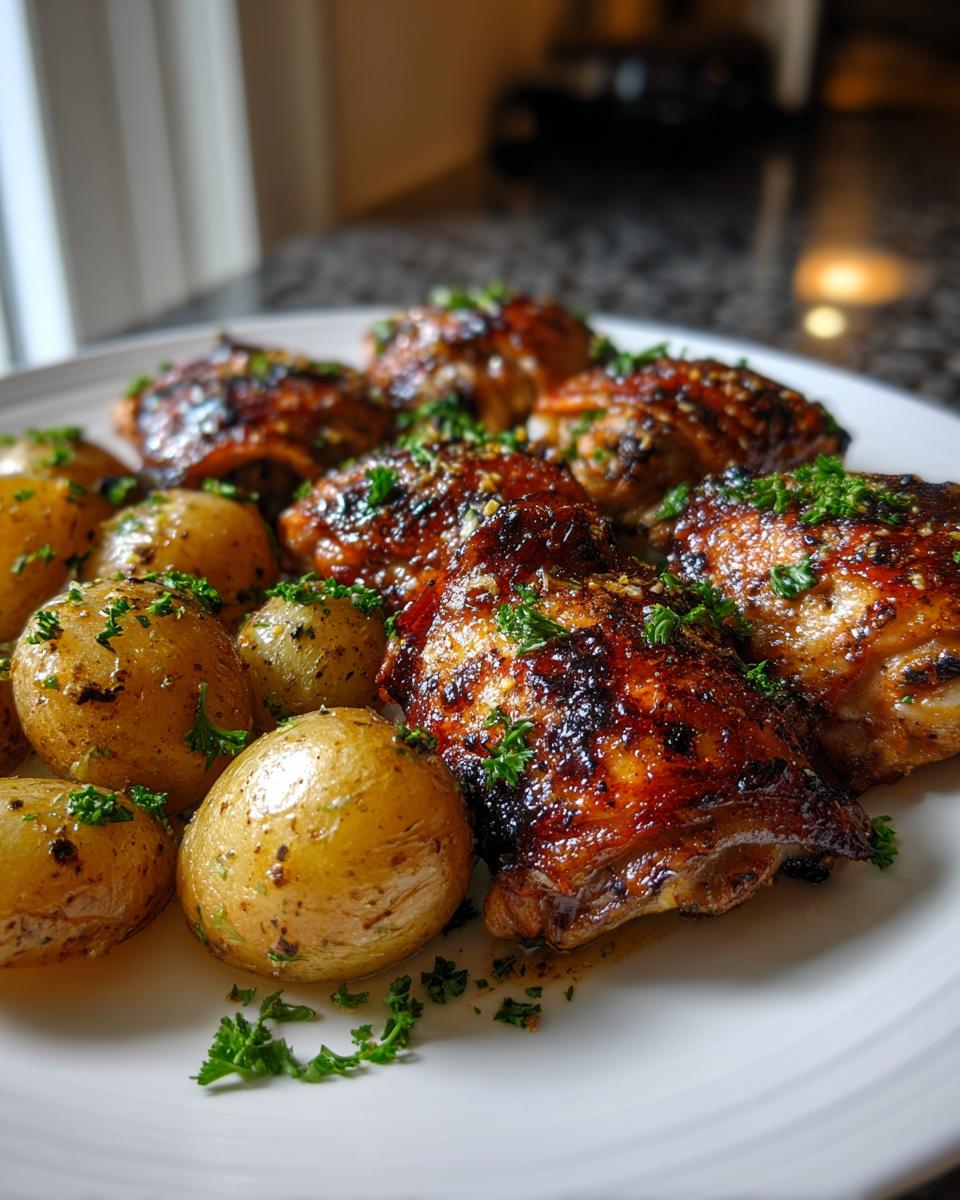 A plate featuring glossy, caramelized garlic parmesan chicken thighs next to roasted baby potatoes, garnished with parsley.