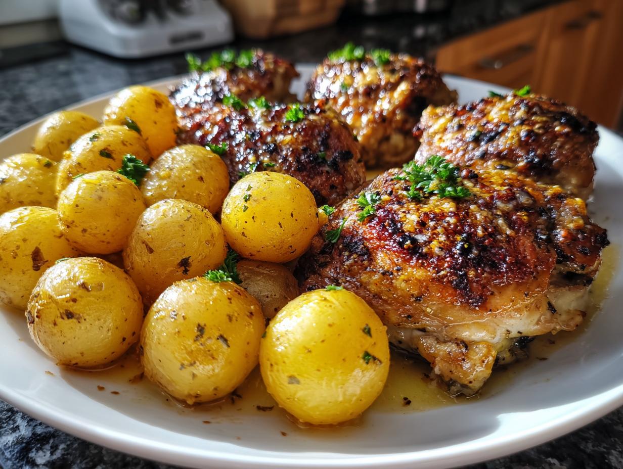 Close-up of crispy, browned garlic parmesan chicken and small, seasoned yellow potatoes on a white plate.