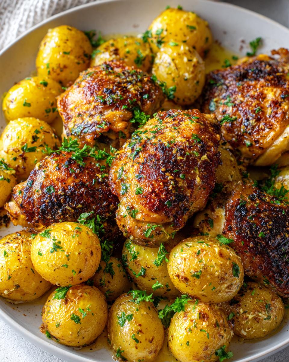 Close-up of crispy, browned garlic parmesan chicken thighs surrounded by roasted baby potatoes, garnished with fresh parsley.