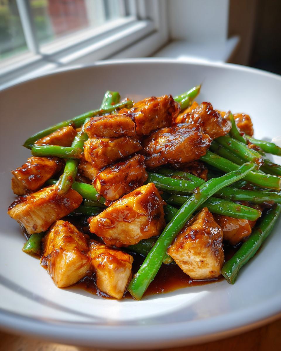 Close-up of glossy, saucy chicken pieces mixed with bright green beans, a perfect chicken and green beans recipe.