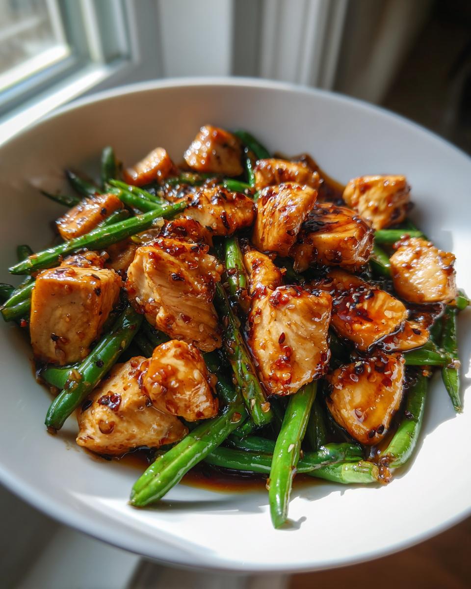 Close-up of glazed chicken pieces mixed with bright green beans in a white bowl, featuring a savory sauce.