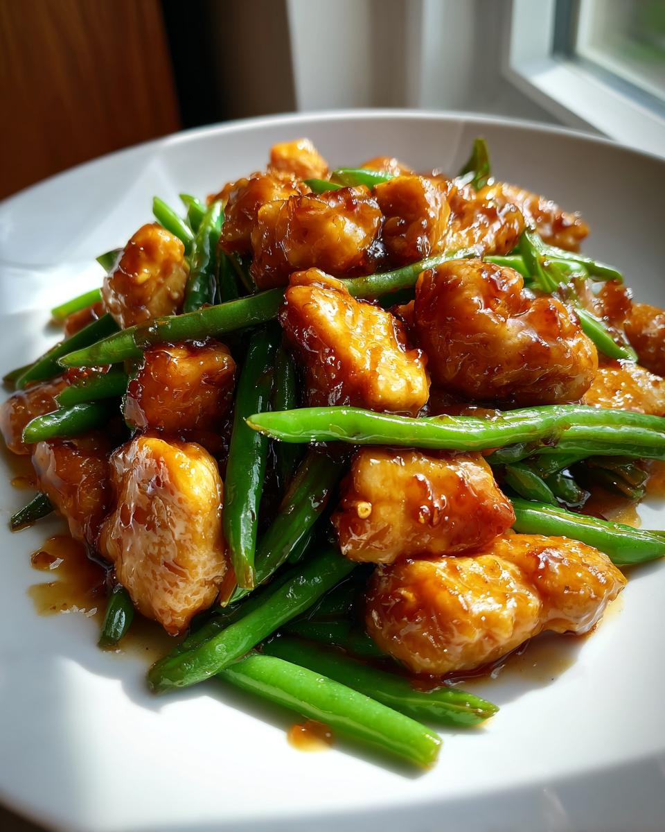 Close-up of glossy, glazed chicken pieces mixed with bright green beans, a perfect example of chicken and green beans.
