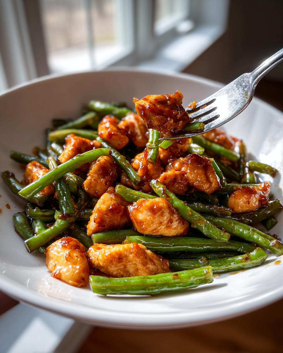 A fork lifts a piece of glazed chicken from a bowl filled with saucy chicken and green beans.