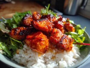 Close-up of glazed, charred harissa chicken pieces served over white rice and fresh greens in a bowl.