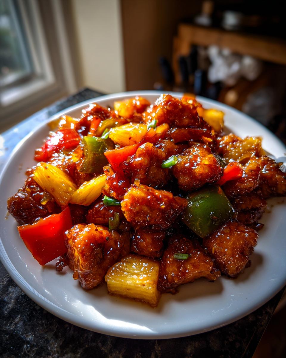 Close-up of glazed, saucy hawaiian chicken sheet pan pieces mixed with pineapple and bell peppers on a white plate.