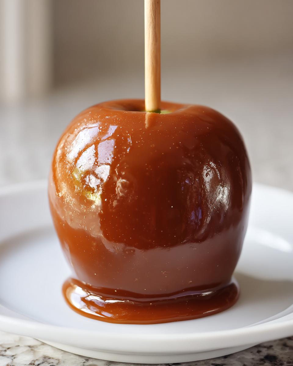 A single, glossy caramel apple on a stick, resting on a white plate, showcasing the thick caramel coating.