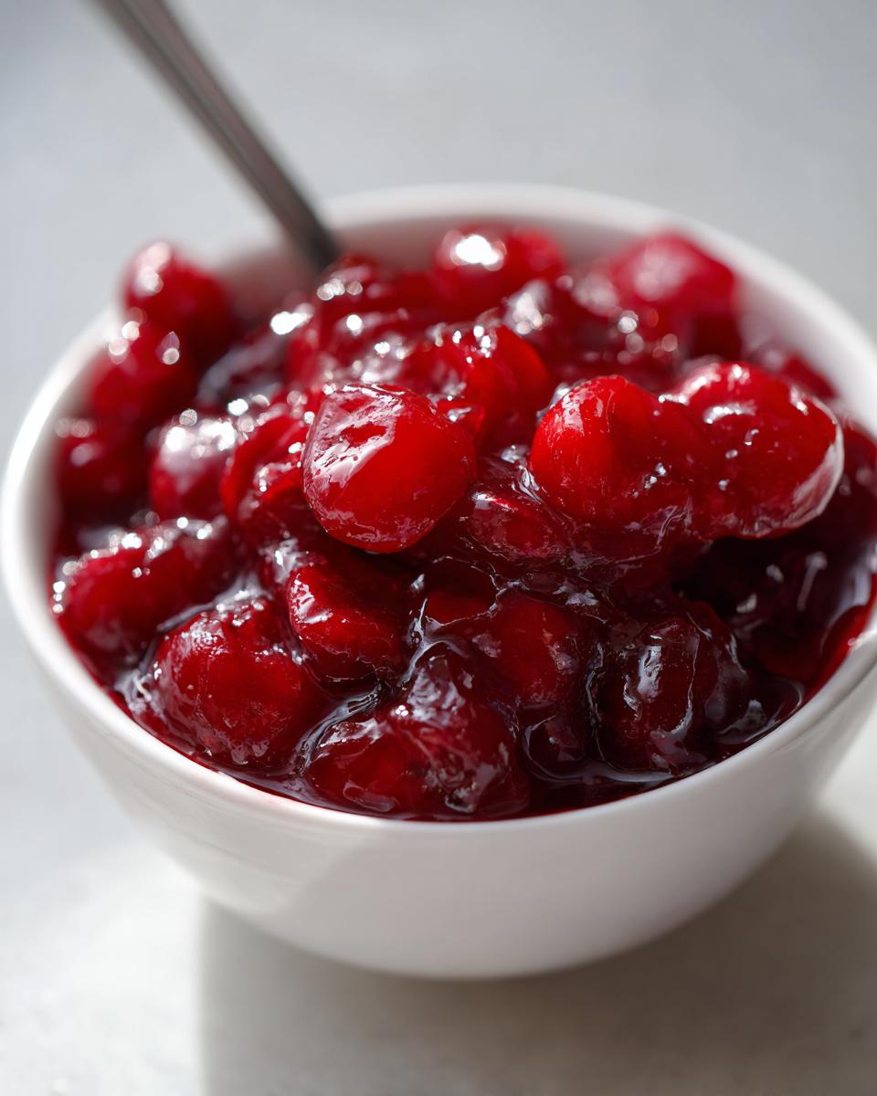 Close-up of glossy, deep red cherry pie filling with whole cherries in a small white bowl.