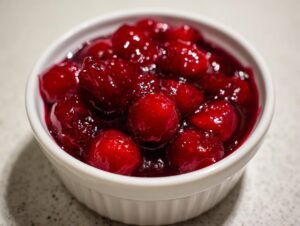 Close-up of bright, glossy homemade cherry pie filling with whole cherries in a small white bowl.