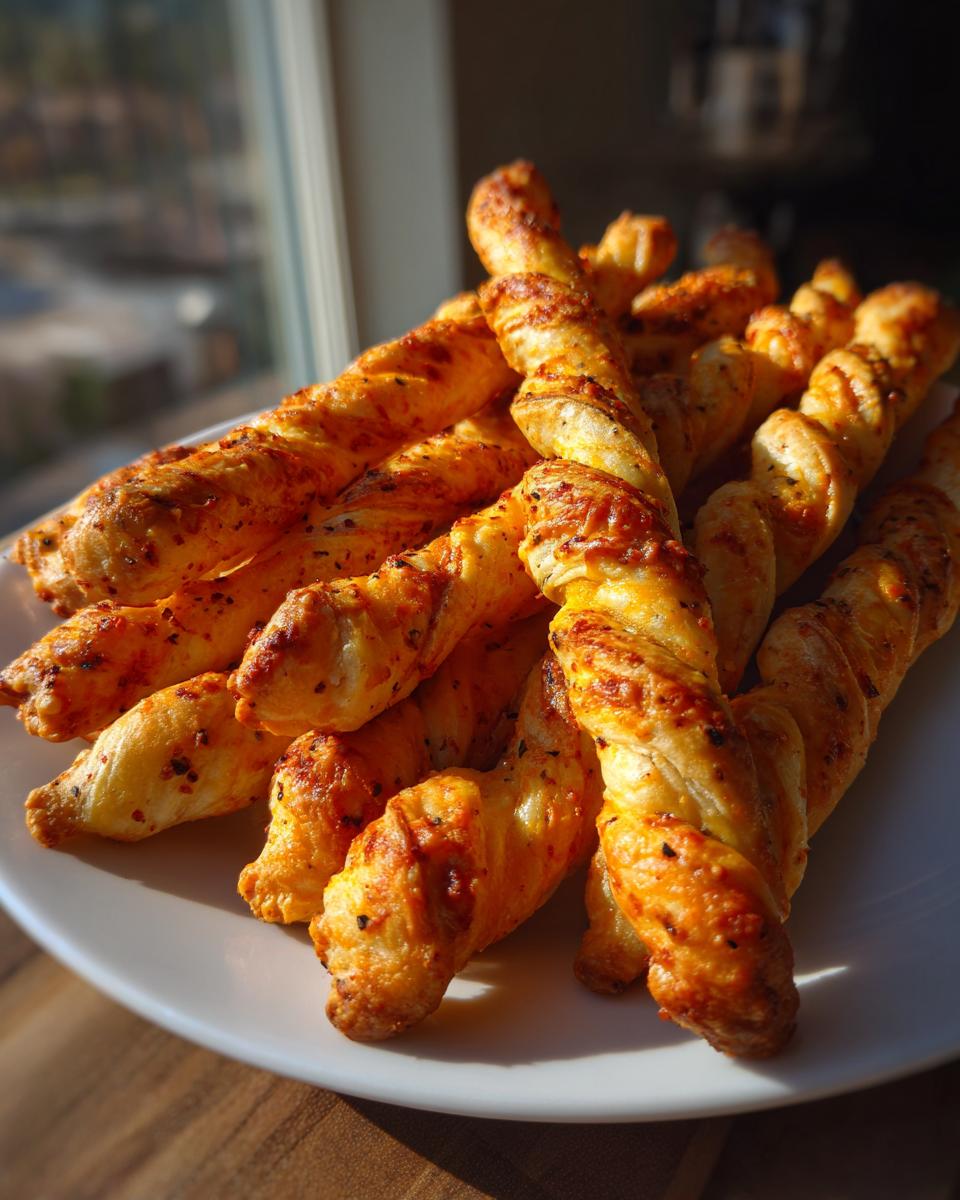 A pile of golden, flaky, twisted cheese straws recipe baked with visible spices, served on a white plate.