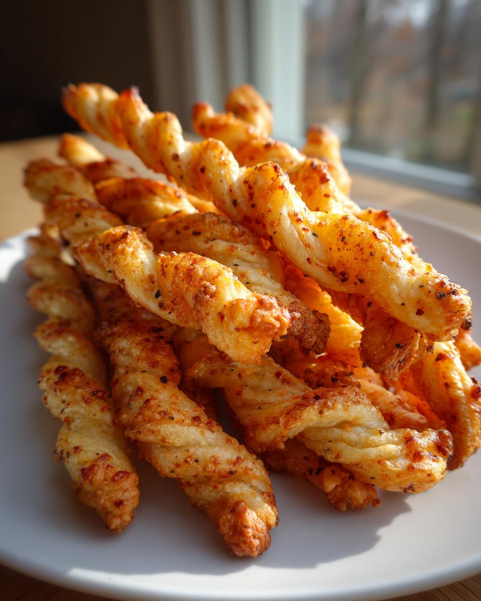 A close-up stack of golden, flaky, and seasoned cheese straws recipe ready to eat.