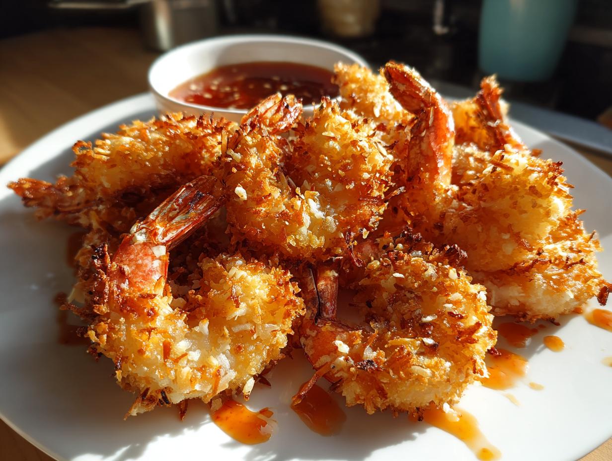 A plate piled high with golden brown, crispy coconut shrimp served with a small bowl of sweet chili dipping sauce.