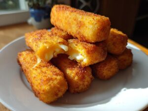 A stack of golden, crispy potato croquettes piled on a white plate, one is broken open showing a melted, cheesy interior.
