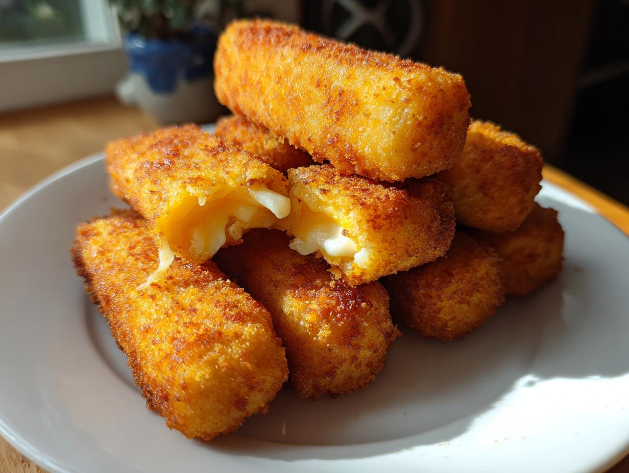 A stack of golden, crispy potato croquettes piled on a white plate, one is broken open showing a melted, cheesy interior.