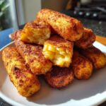 A pile of freshly fried, golden brown potato croquettes, with one cut open showing the fluffy interior.