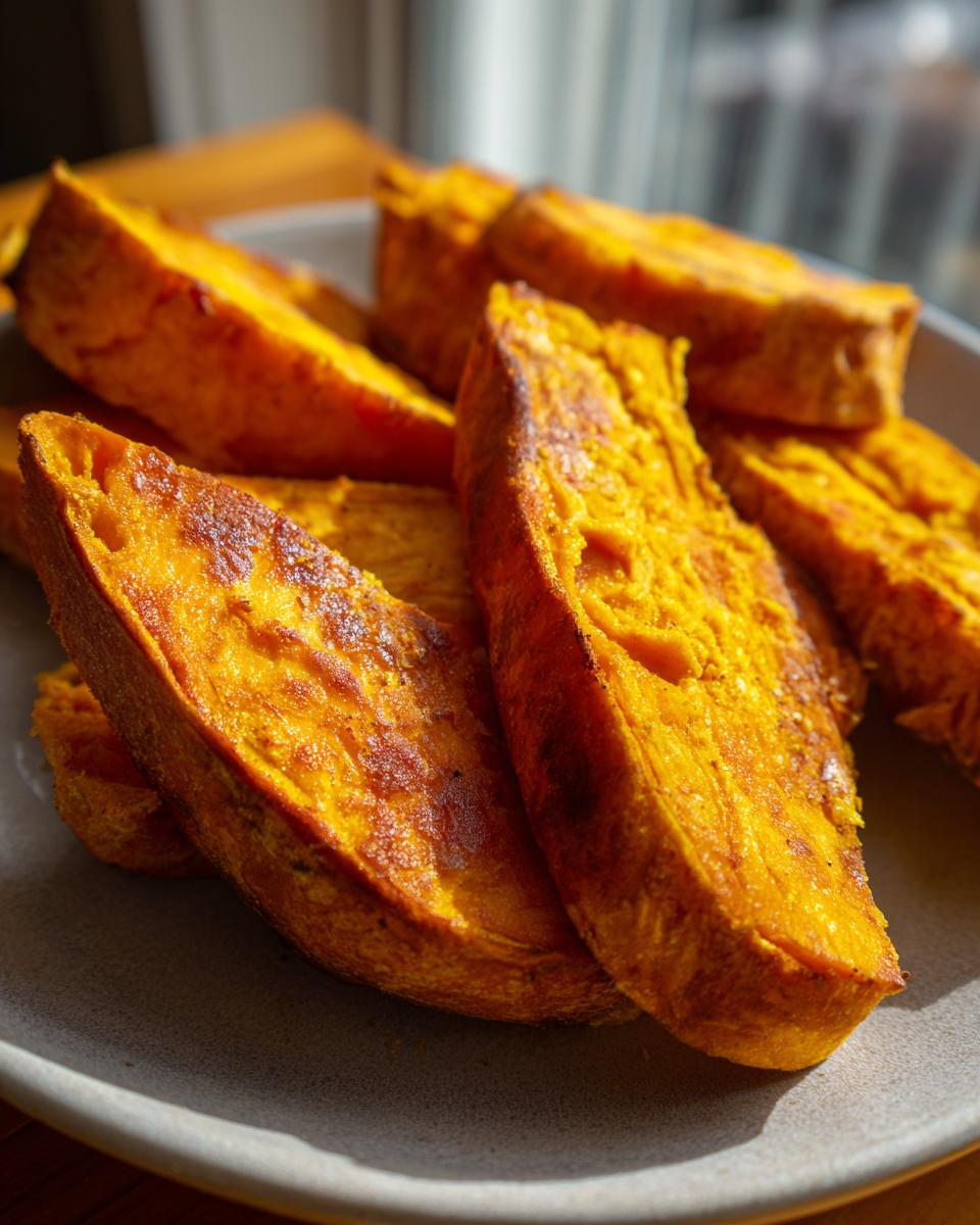 Close-up of thick, bright orange slices of baked or toasted sweet potato toast stacked on a gray plate.
