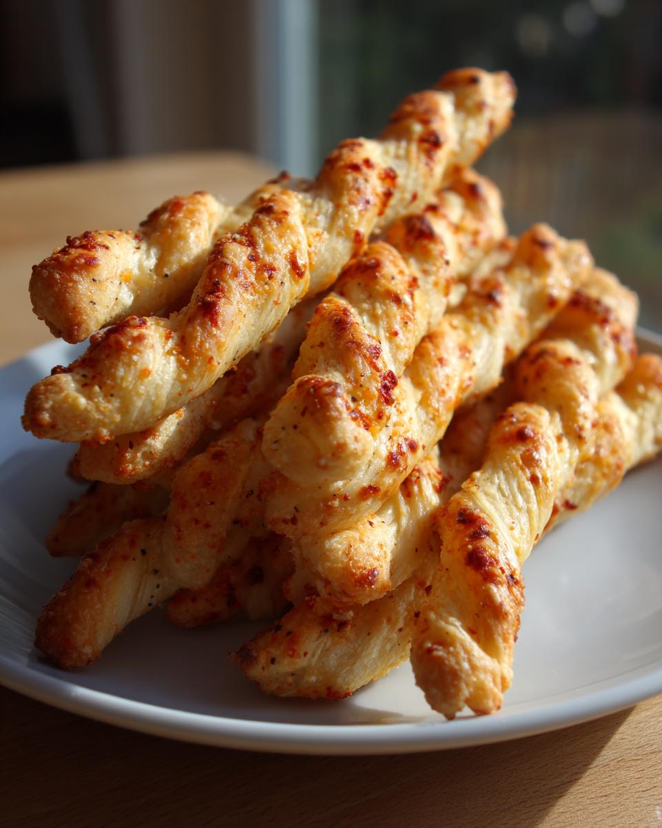 A stack of golden, flaky, twisted cheese straws recipe items piled high on a white plate, catching the sunlight.