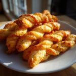 A pile of golden, flaky, twisted cheese straws recipe baked to perfection, served on a white plate.