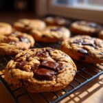 Close-up of a freshly baked, thick chocolate chip cookie with melted chocolate chunks cooling on a wire rack.