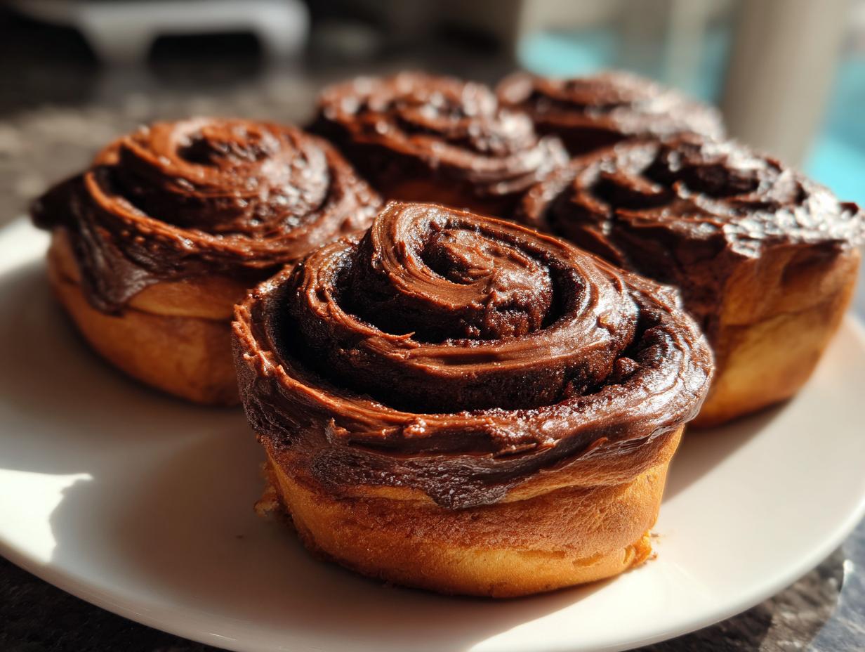 Close-up of several freshly baked chocolate cinnamon rolls topped with rich, dark chocolate frosting.