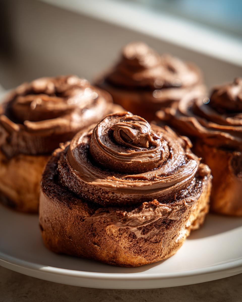 Close-up of four gooey chocolate cinnamon rolls topped with thick chocolate frosting, sitting on a white plate.