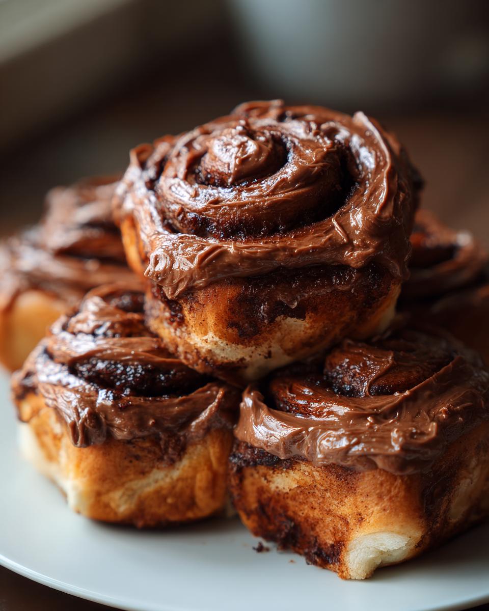Close-up of several gooey chocolate cinnamon rolls stacked on a white plate, generously topped with thick chocolate frosting.