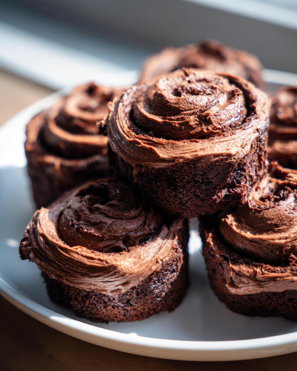 A stack of rich, dark chocolate cinnamon rolls topped with thick chocolate frosting, ready to eat.
