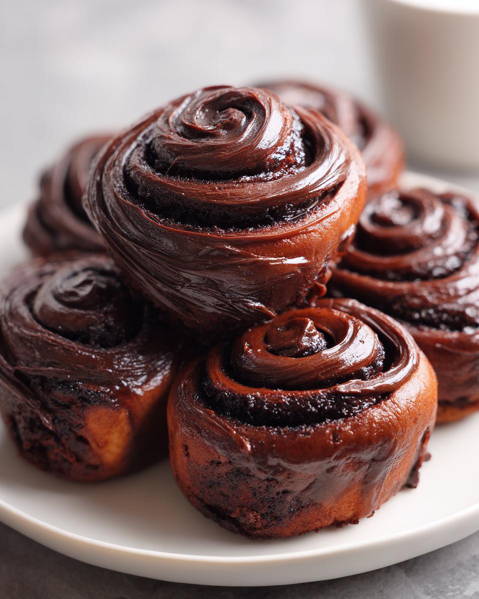 A close-up stack of several rich, gooey chocolate cinnamon rolls covered in thick chocolate frosting.