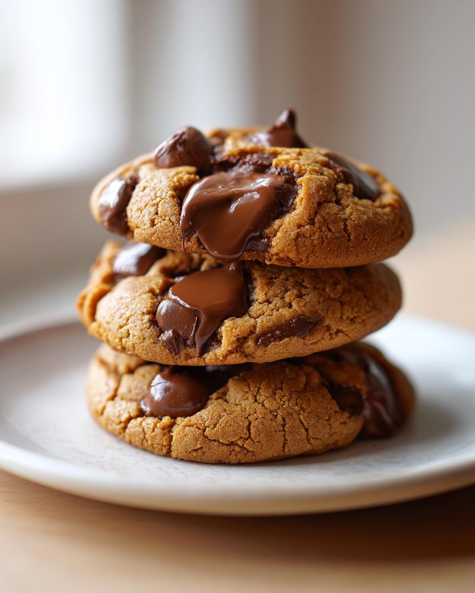 A stack of three perfectly baked vegan chocolate chip cookies with melted chocolate pools.