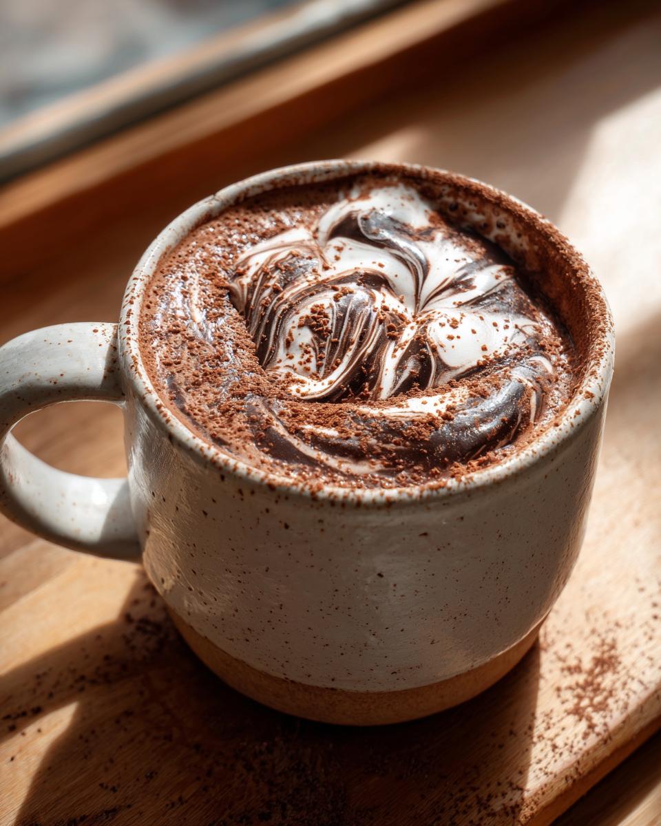 Close-up of rich homemade hot cocoa topped with swirled cream and dusted with cocoa powder.