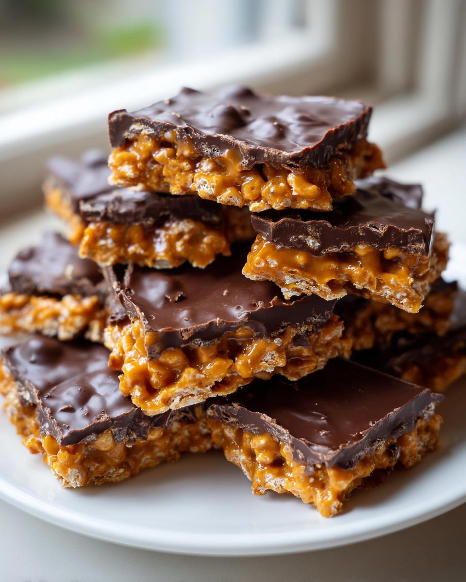 A stack of rich graham cracker toffee bars featuring a crunchy base, gooey caramel center, and thick chocolate topping.