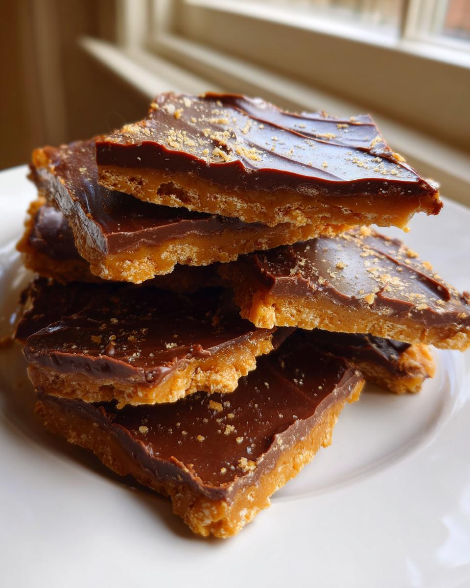 A stack of rich graham cracker toffee snap pieces featuring a thick toffee base and a melted chocolate topping sprinkled with crumbs.
