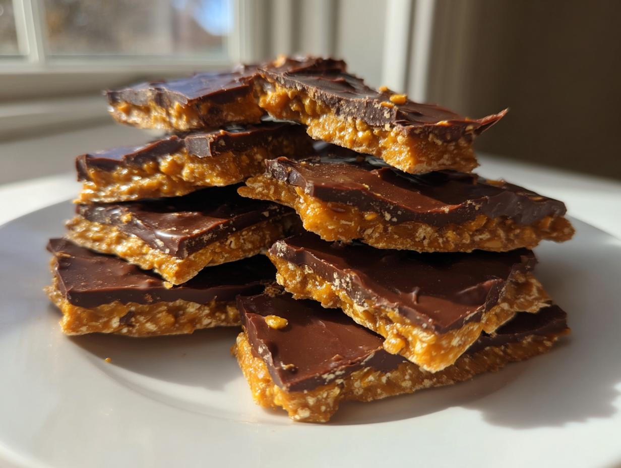 A stack of broken pieces of graham cracker toffee snap with a crunchy base and a rich chocolate topping.