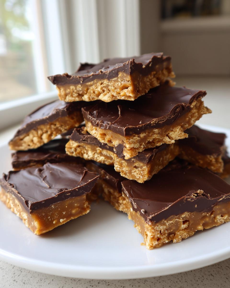 A stack of rich graham cracker toffee bars featuring a crunchy base, gooey caramel layer, and smooth chocolate topping.
