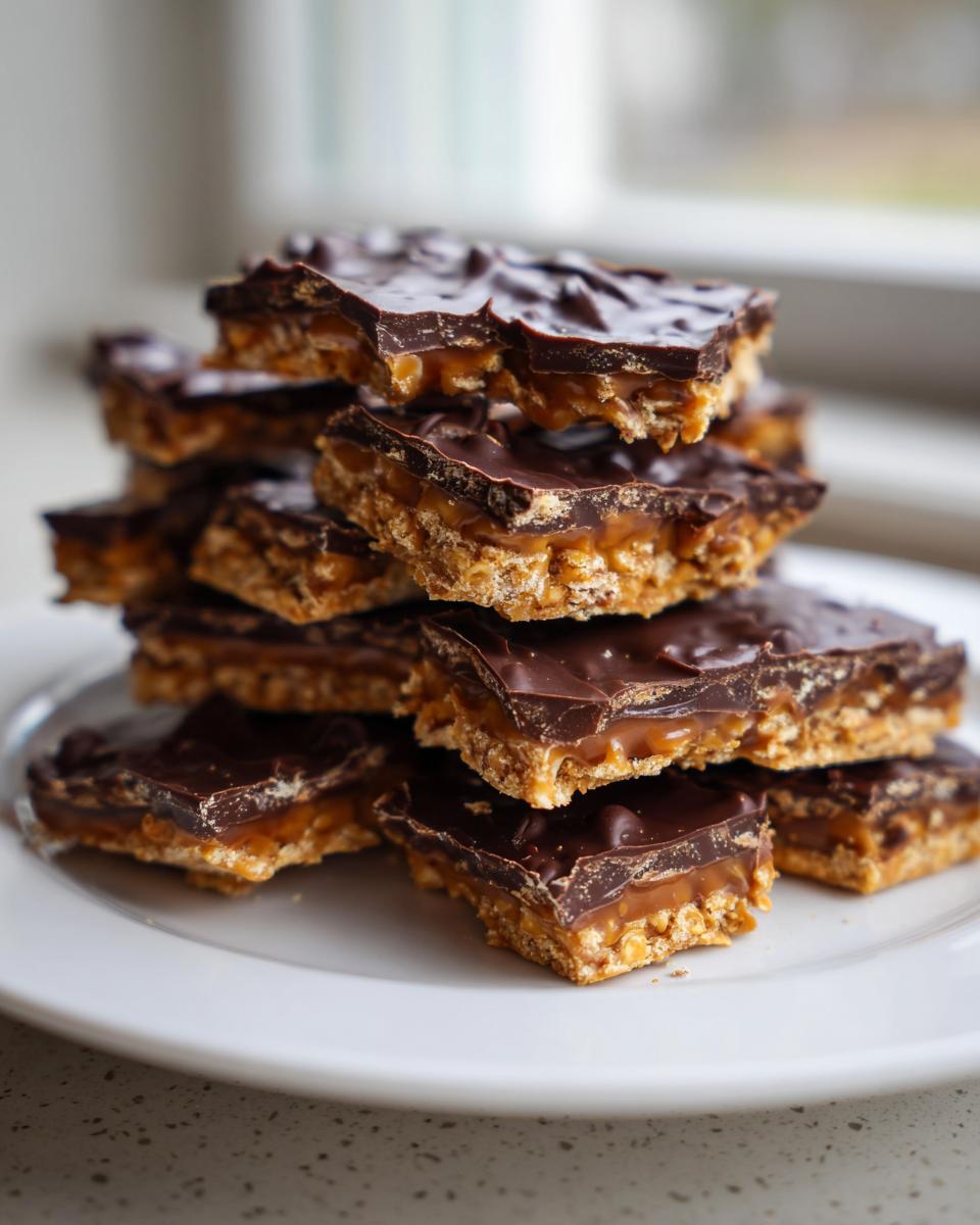 A tempting stack of homemade graham cracker toffee bars featuring a crunchy base, gooey caramel layer, and rich dark chocolate topping.